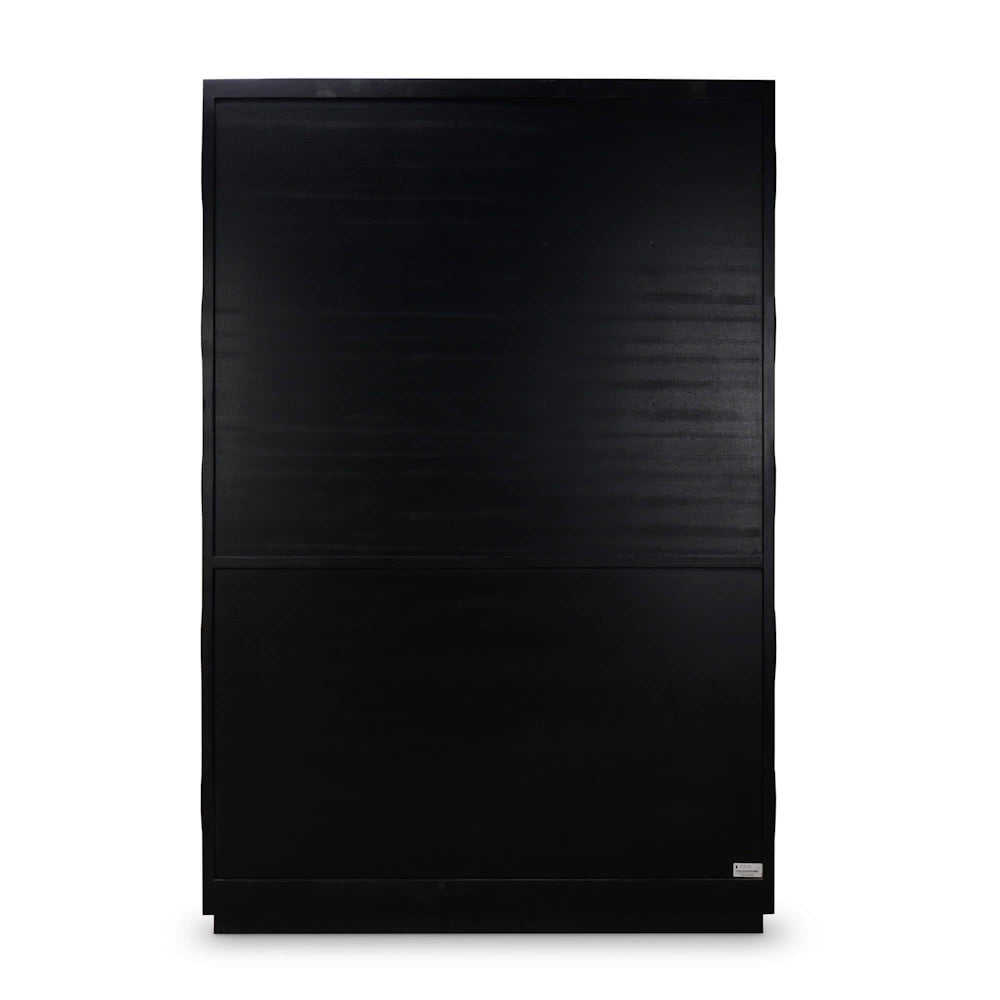 Solid black back panel view of the modern Vannes crescent bookcase.