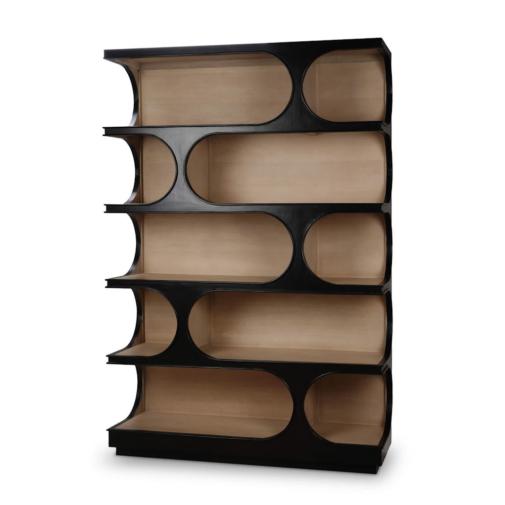 Modern Vannes Crescent Bookcase with a black geometric frame and light wood shelves.