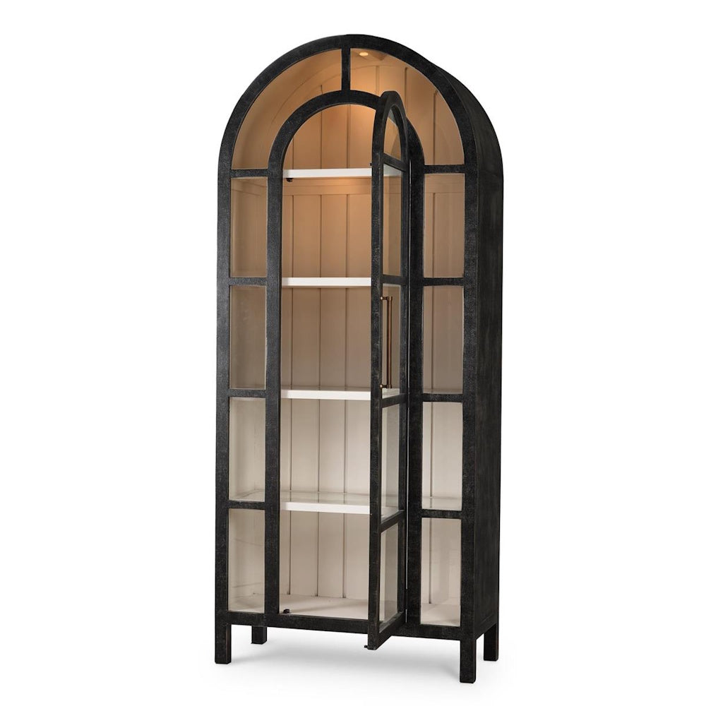 Arched black display cabinet with glass shelves and an open door.