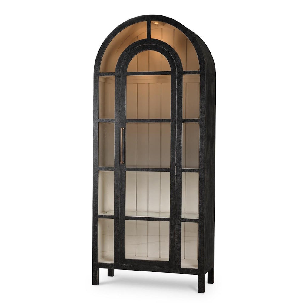 Arched black display cabinet with glass shelves and interior lighting.