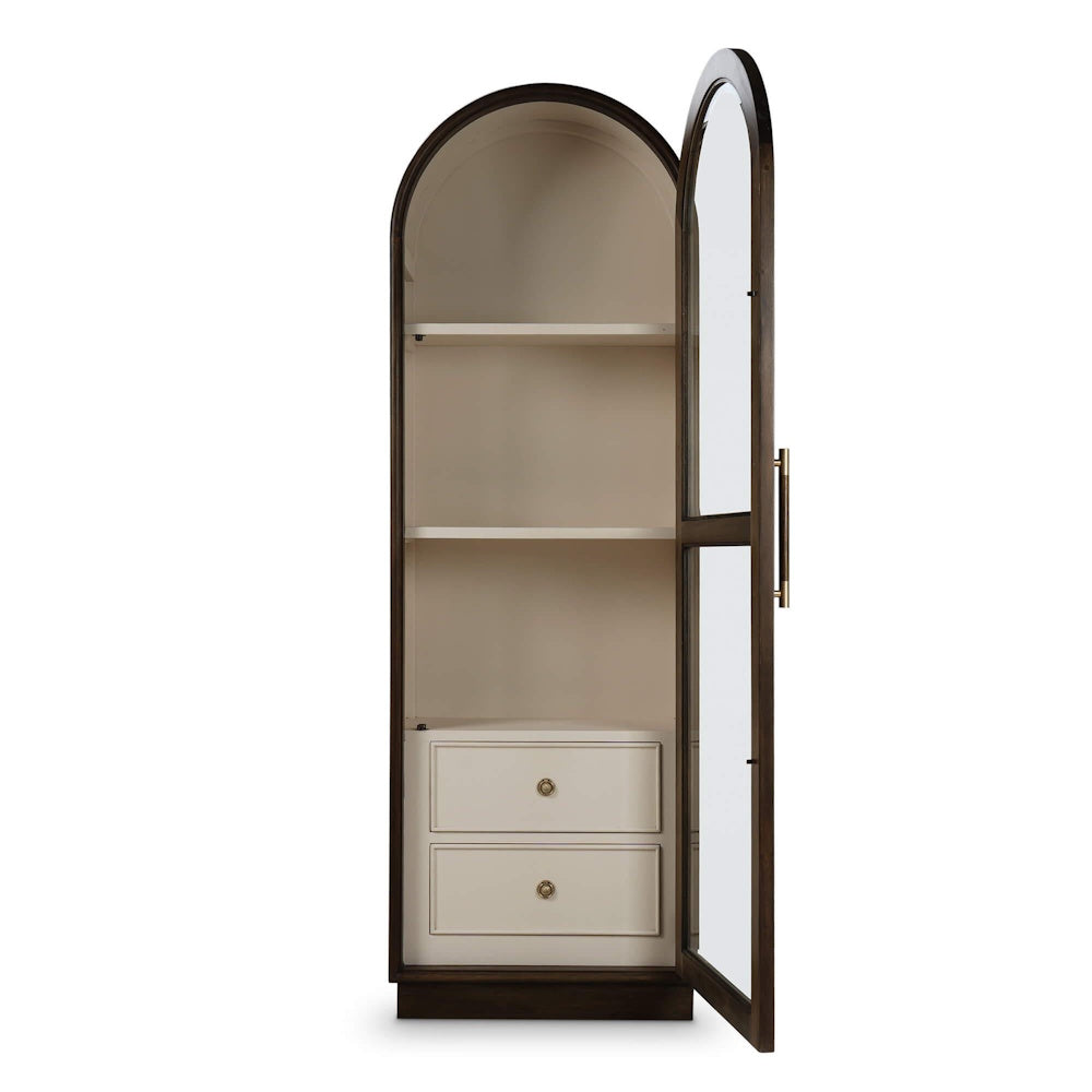 Vannes arched wood display cabinet with open glass single door revealing shelves and white drawers.