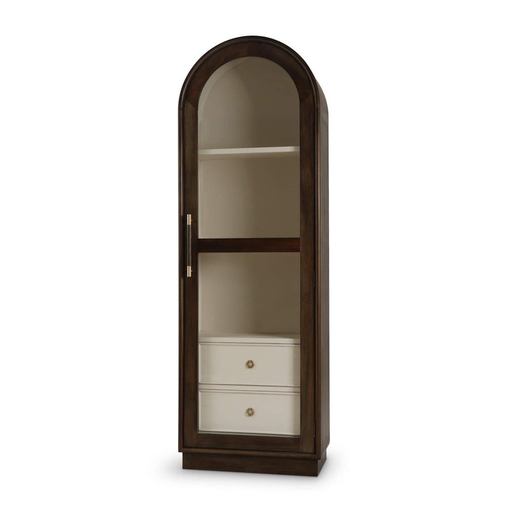 Vannes single door arched wood display cabinet with glass front and white drawers.