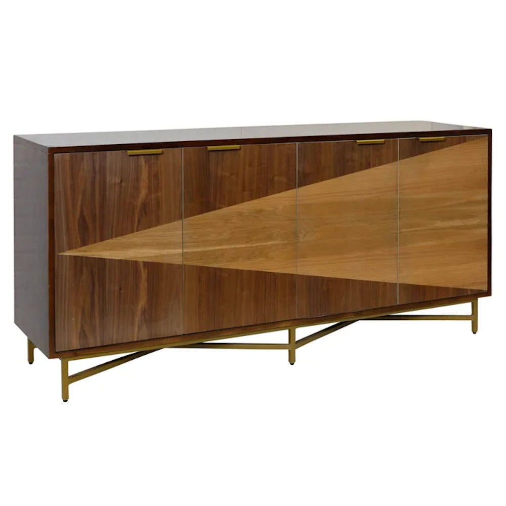 Modern walnut sideboard with geometric wood inlay, gold metal legs, and four doors for mid-century dining storage.