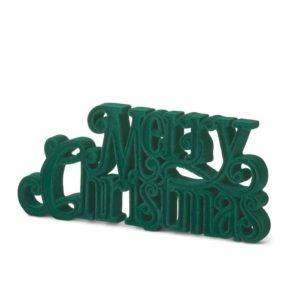 Velvet resin green "Merry Christmas" tabletop cutout decor.