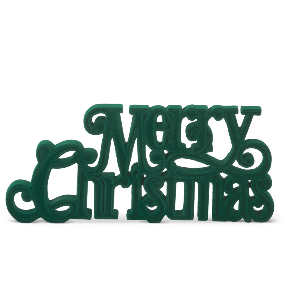 Velvet resin green "Merry Christmas" tabletop cutout decor.