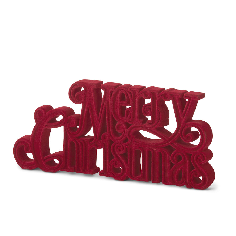 Velvet resin red "Merry Christmas" tabletop cutout decor.