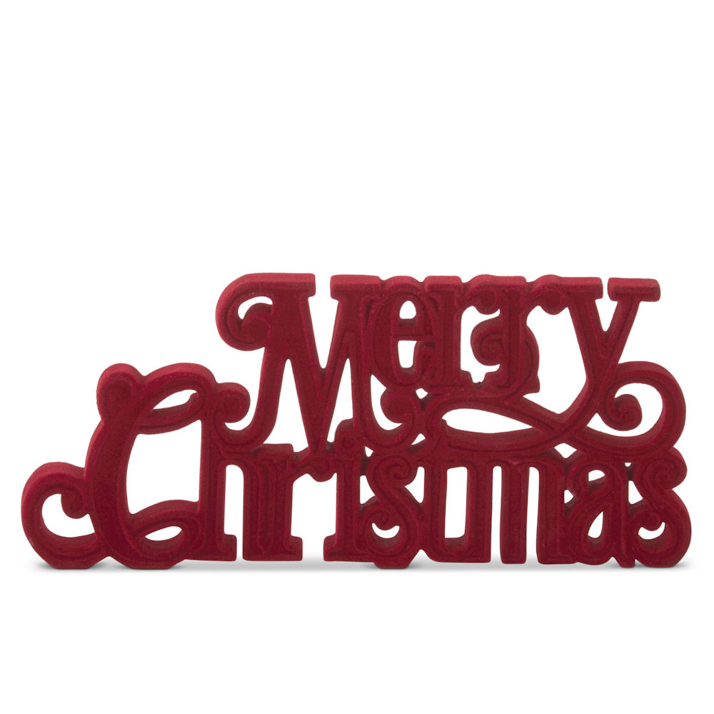 Velvet resin red "Merry Christmas" tabletop cutout decor.