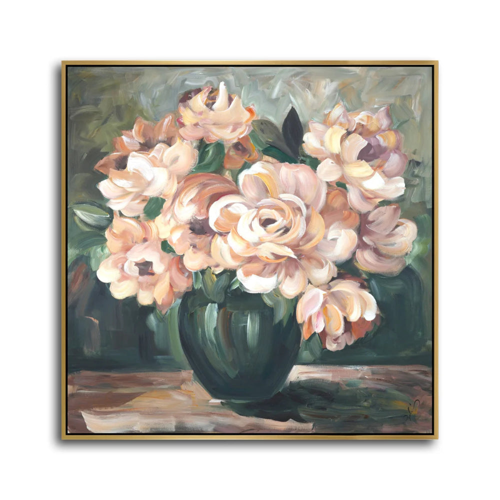 Abstract impressionist oil painting of pink peonies in a dark green vase with a gold frame.