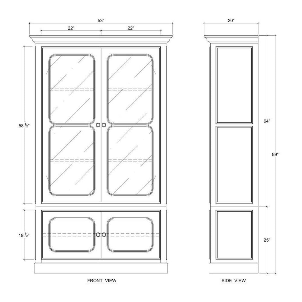 Front and side view dimension diagram of a wooden display cabinet with glass doors.