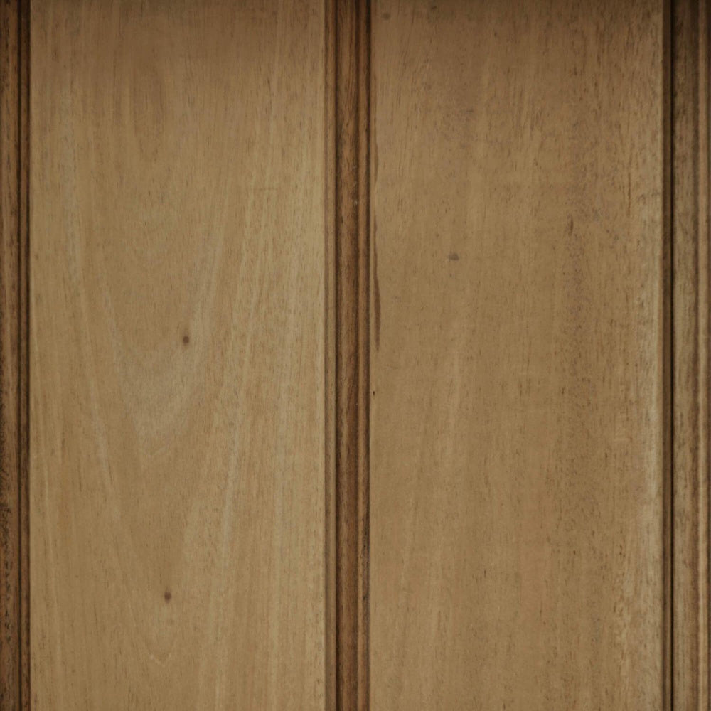 Close up of Victoria light brown wood bookcase panelling with natural grain texture and vertical grooved lines.