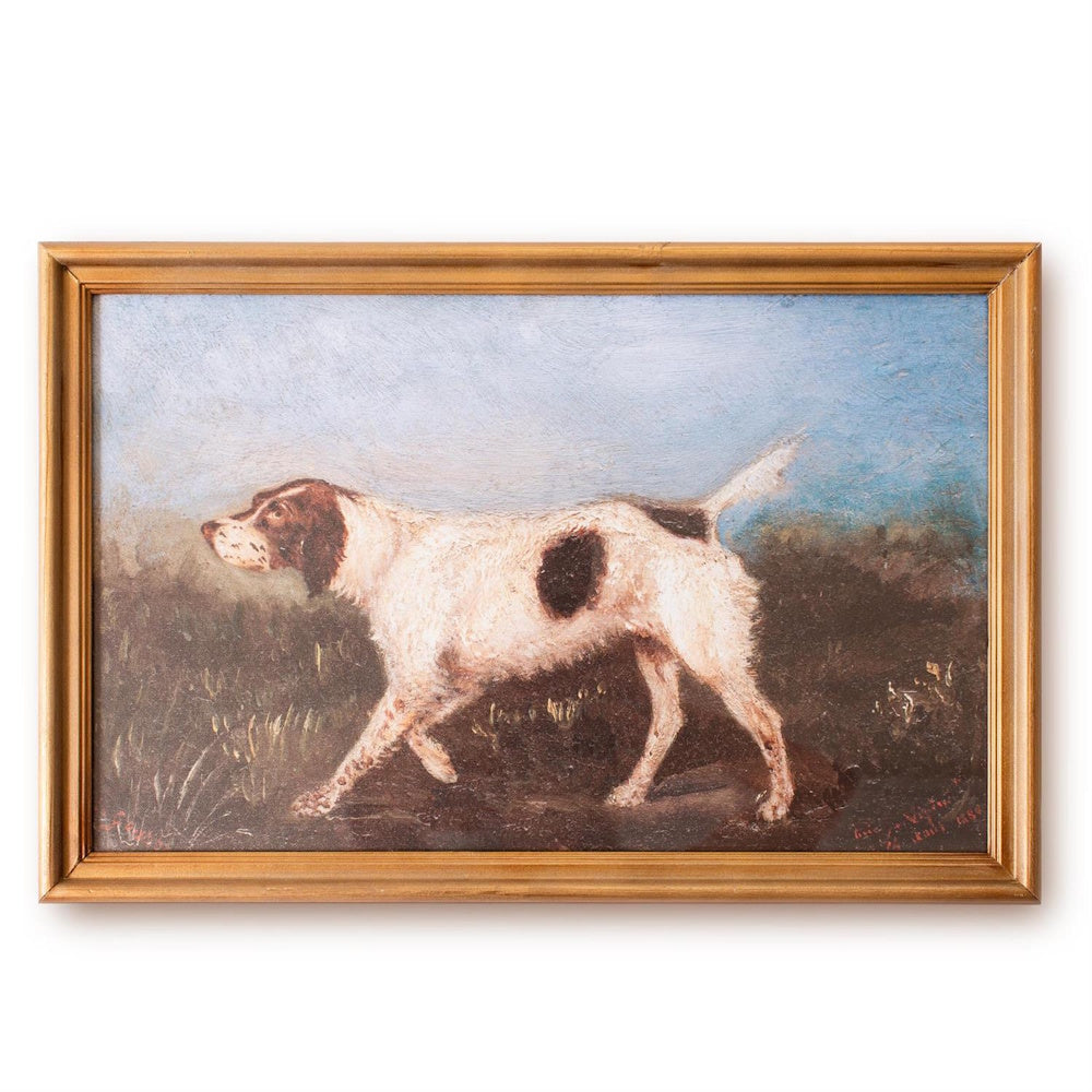 Oil painting of a brown and white pointer dog in a field, enclosed in a gold frame.