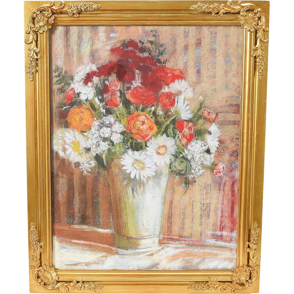 Vibrant floral bouquet in a silver vase with red and orange blooms, enclosed in an ornate gold-finished wood frame.