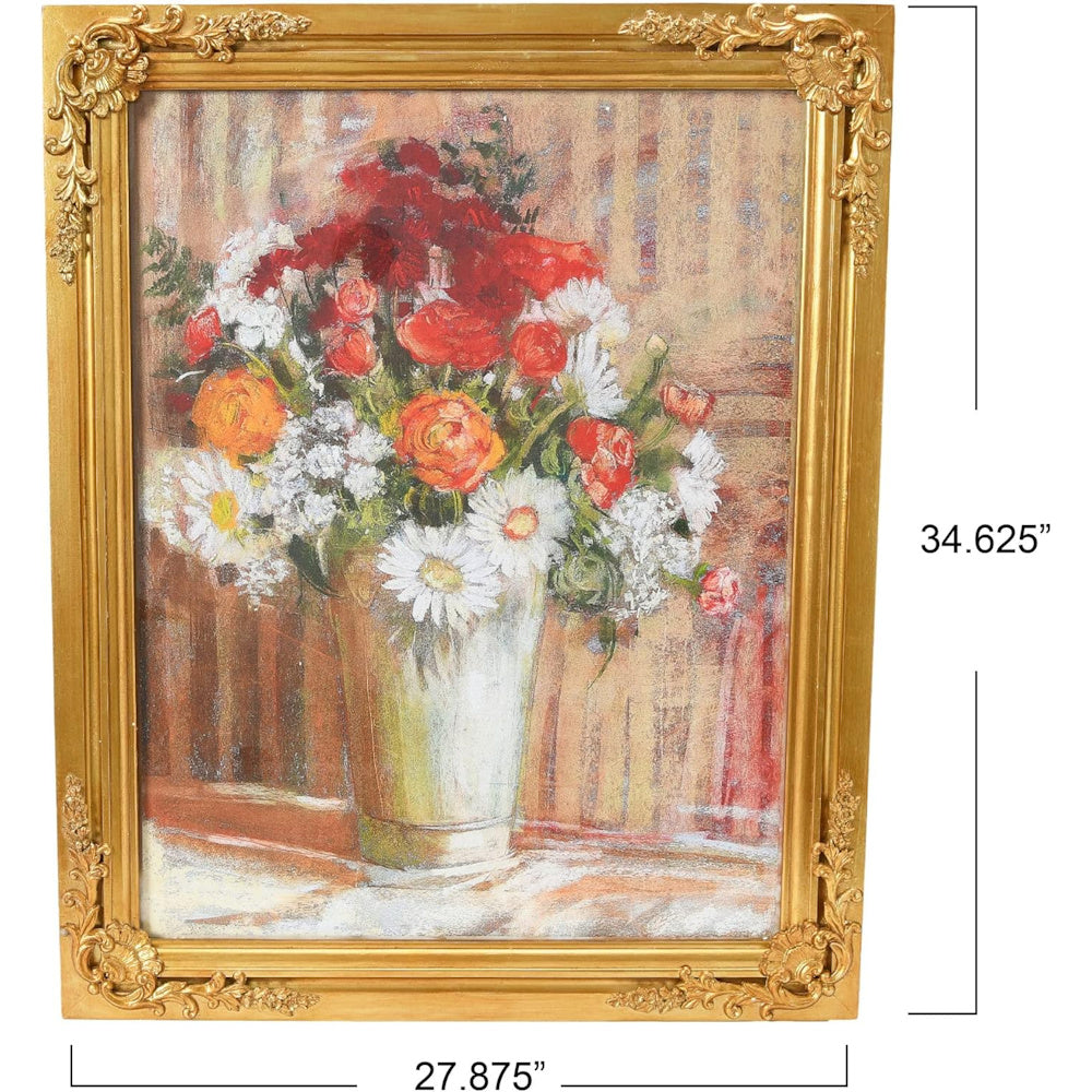 Ornate gold-framed vintage floral painting of red and orange ranunculus and white daisies in a vase. 35" x 28".