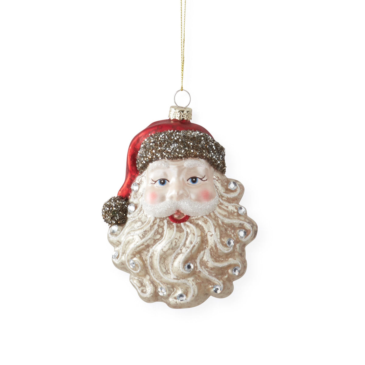 A hanging vintage glass Santa head ornament.