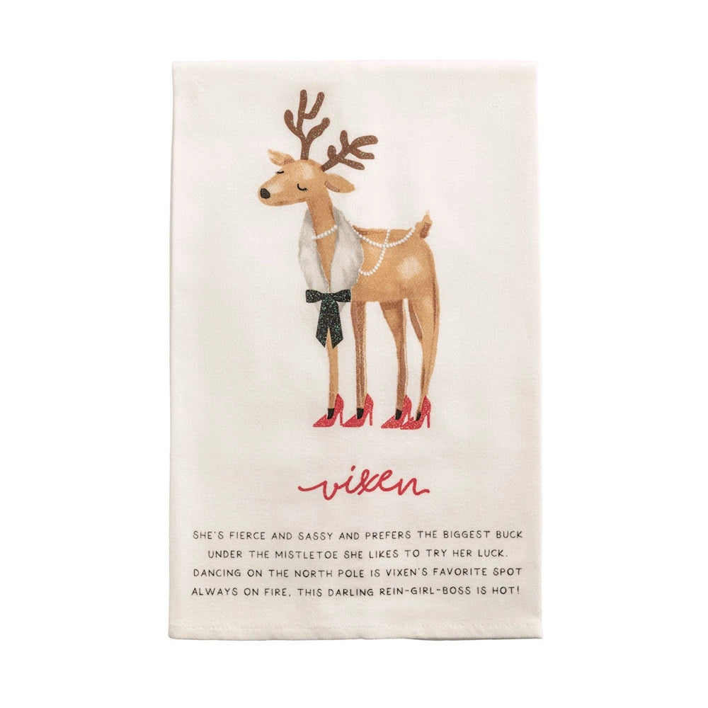 White hand towel printed with a glamorous reindeer in red heels, reading "vixen" with a funny poem.