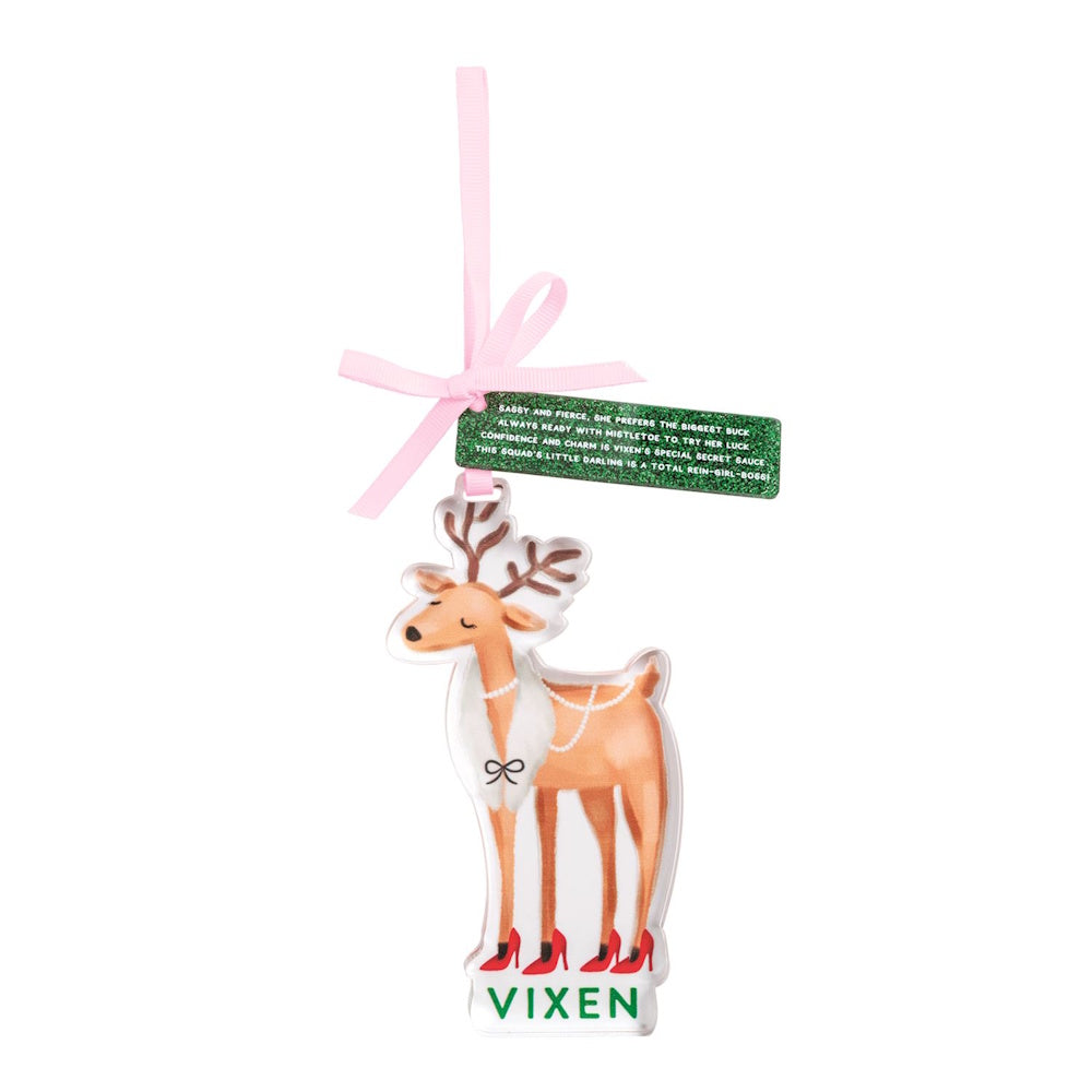 Acrylic reindeer ornament named Vixen wearing high heels and a pearl necklace with a pink ribbon.