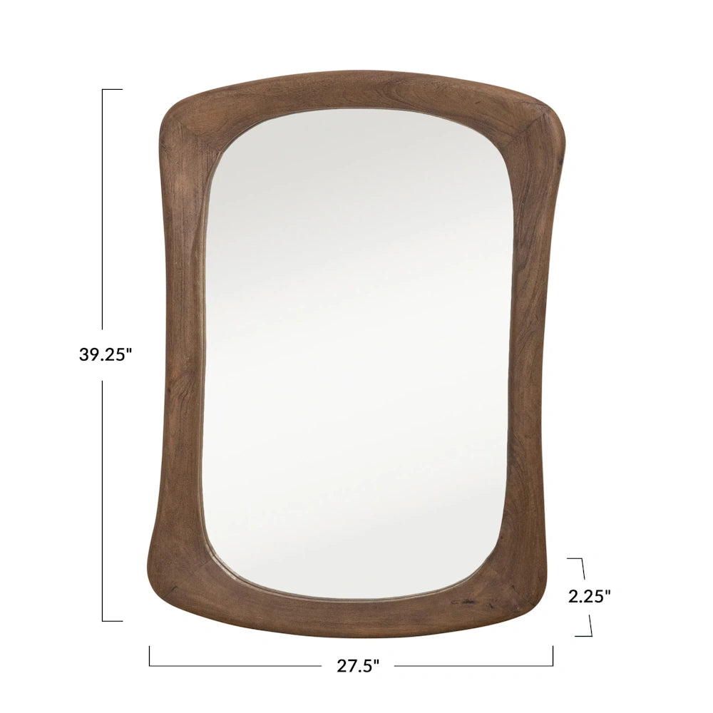 Walnut finish mango wood framed wall mirror dimensions: 39.25 inches high by 27.5 inches wide, 2.25 inches deep.