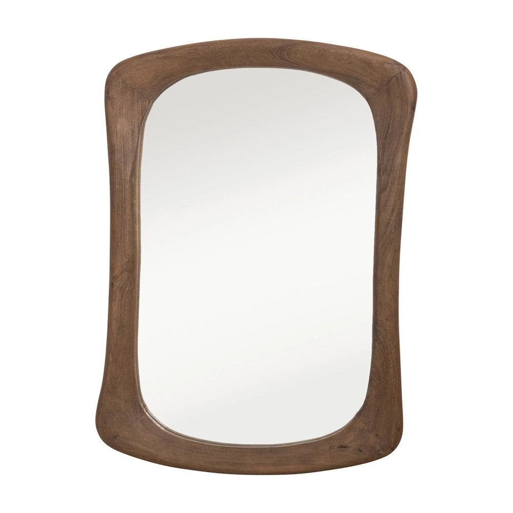 Walnut finish mango wood framed wall mirror with a soft rectangular organic shape and mid-century modern style.