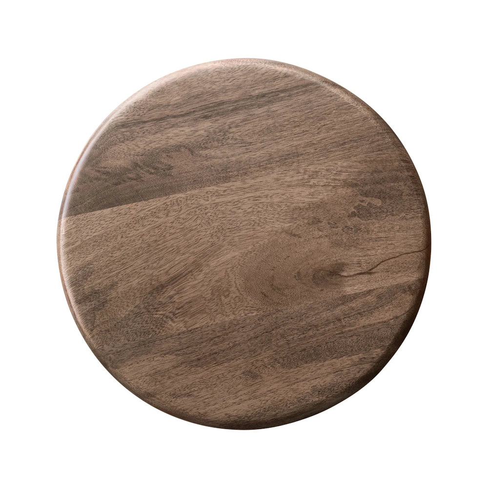 Top-down view of a circular dark wood tabletop showcasing rich, natural wood grain patterns and smooth edges.