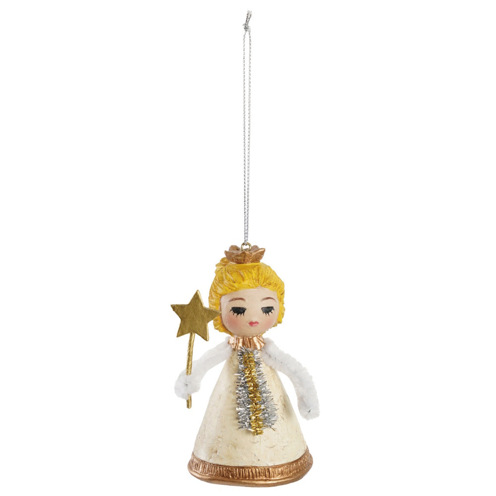 Resin vintage-reproduction angel ornament holding a star wand with a hanging string.