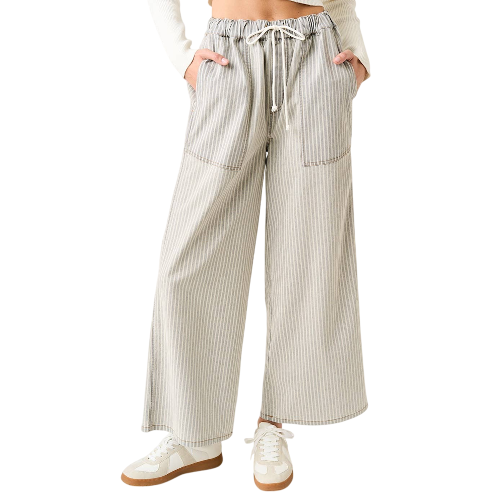 Washed black striped wide leg pants with an elastic drawstring waist and large utility pockets.