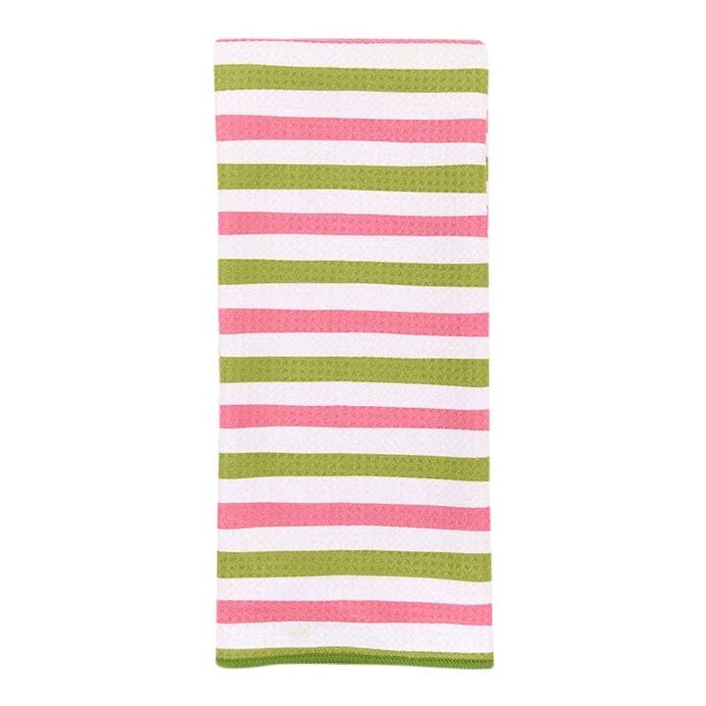 Folded waffle-weave towel with alternating pink, green, and white horizontal stripes.