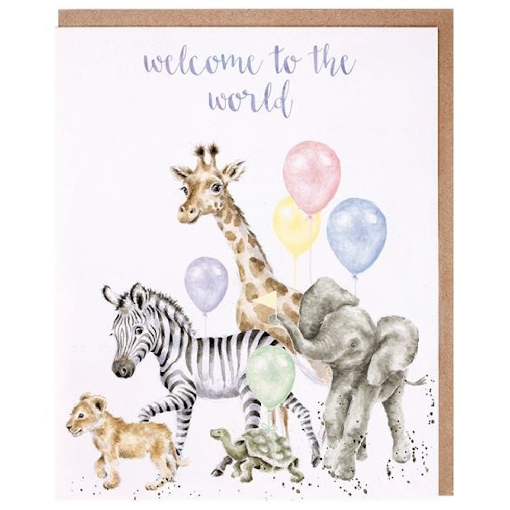 Watercolor baby card with giraffe, elephant, zebra, and lion cub with balloons and "Welcome to the world" text.