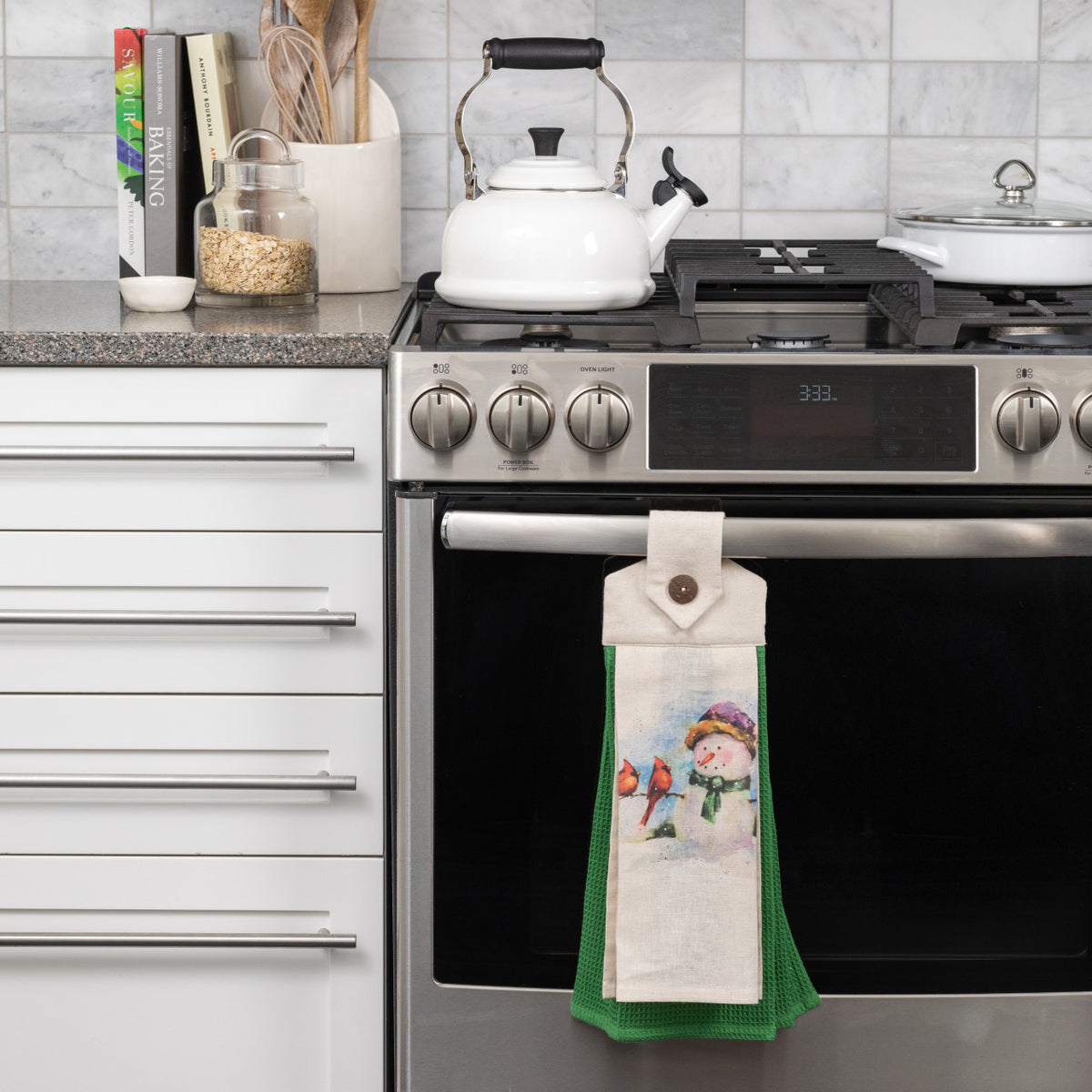 Snowman and Cardinals Button Loop Tea Towel — alternate view 2