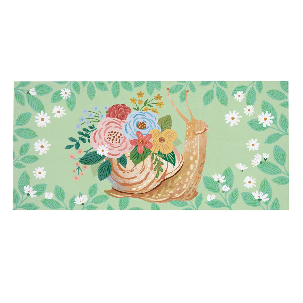 Whimsical garden snail floor mat with a floral bouquet shell and daisy border on a light green background.