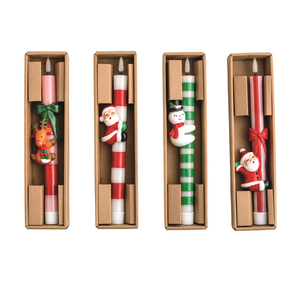 Front view of a retail display box containing multiple assorted taper candle and hugger sets by Mud Pie.