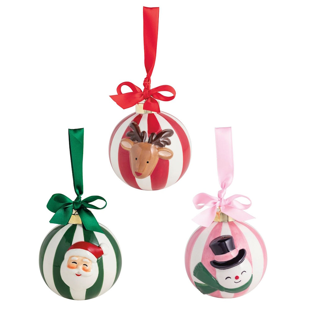 Set of 3 striped Christmas ornament balls with reindeer, Santa, and snowman faces and ribbon loops.