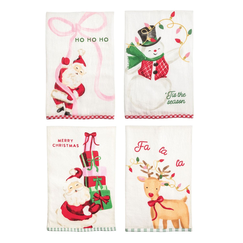 Set of 4 white Christmas towels featuring Santa, a snowman, and a reindeer with festive text.