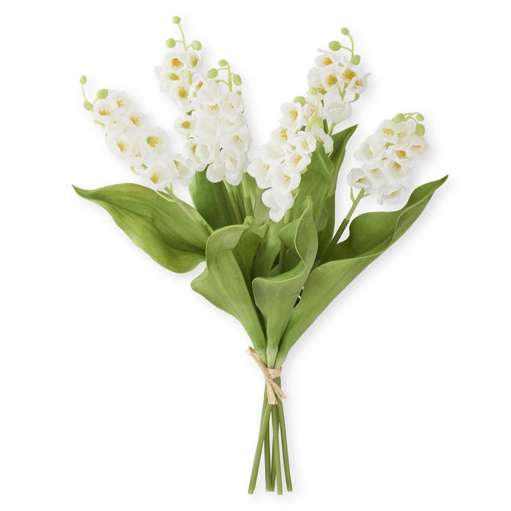 6-stem bundle of white real-touch lily of the valley flowers with green leaves tied in a bouquet for home decor.