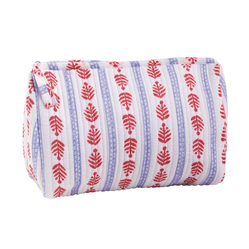Quilted white cosmetic bag with red leaf block-prints, blue vertical stripes, and a zipper closure.