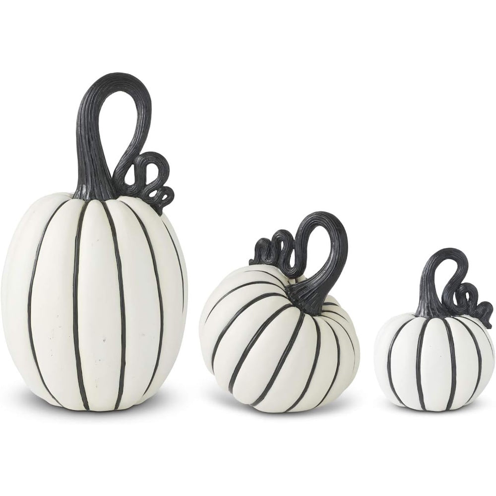 Three decorative white pumpkins with black vertical stripes and curly black stems, in three sizes.