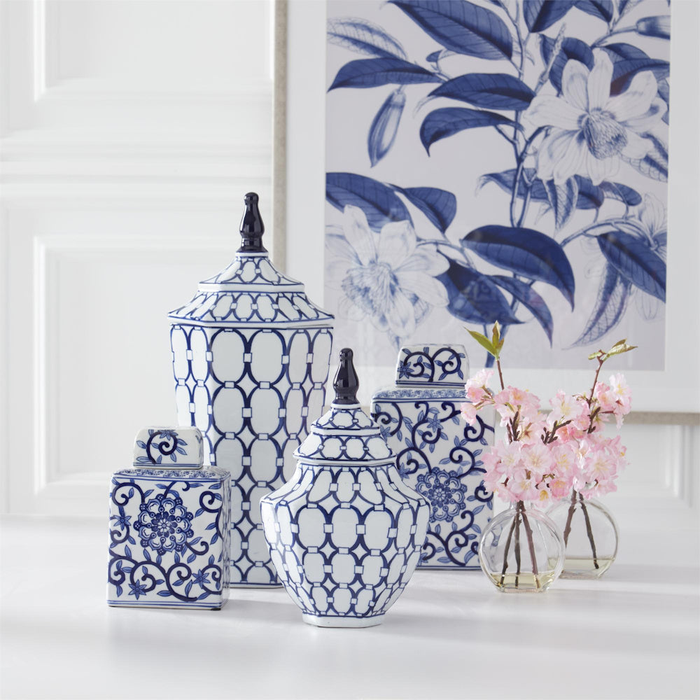 Large White & Blue Oval Print Ornate Porcelain Lidded Container — alternate view 3