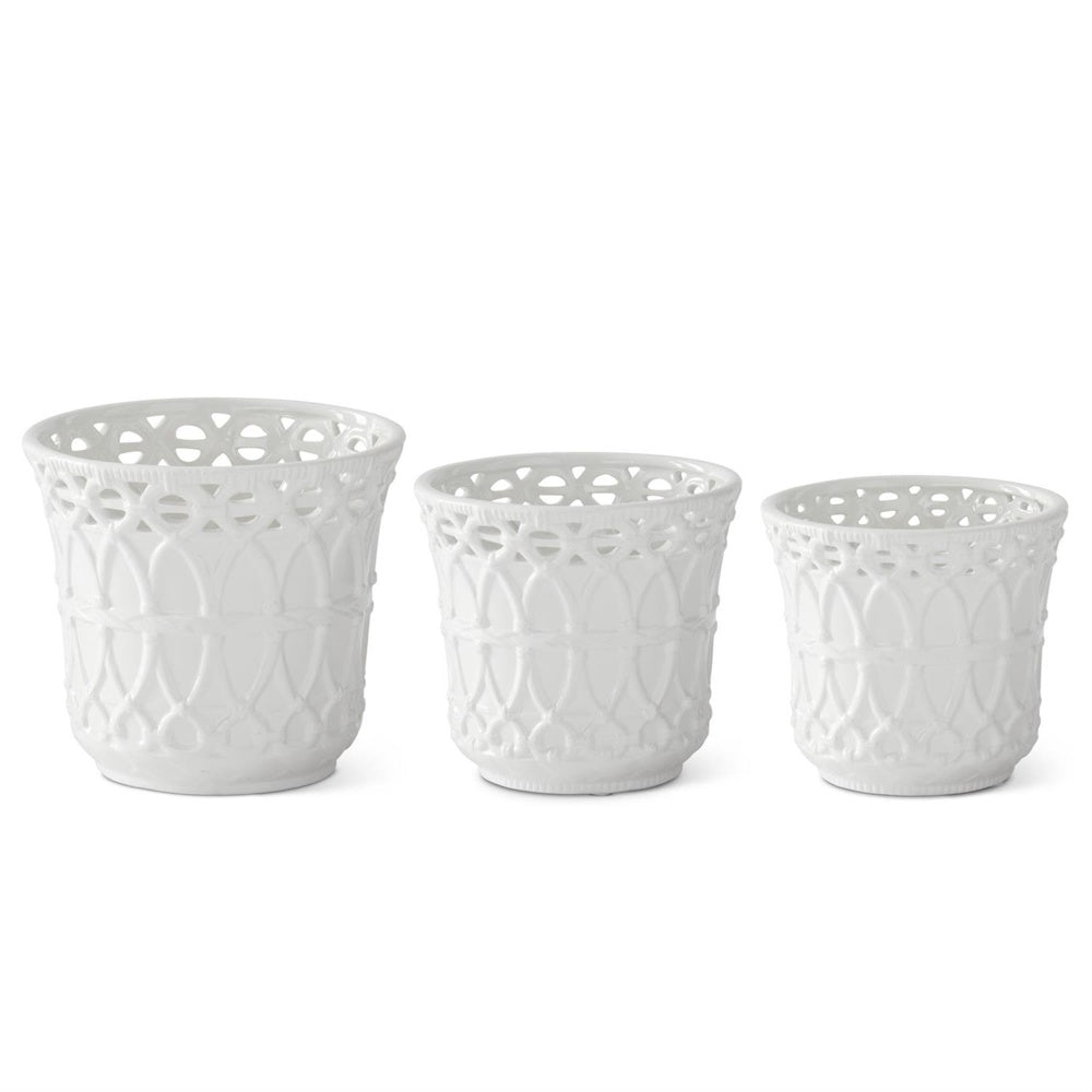 Set of 3 white ceramic planters with an embossed basket weave pattern and open lattice detail.