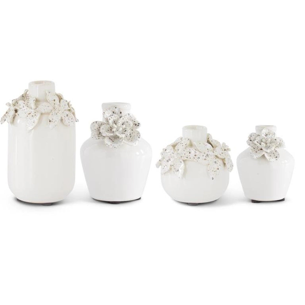 White Ceramic Vases with Raised Flowers — alternate view 2