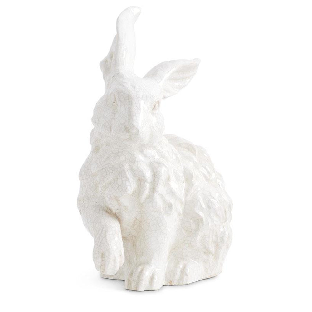 White-glazed crackle terracotta standing bunny figurine on a plain white background.
