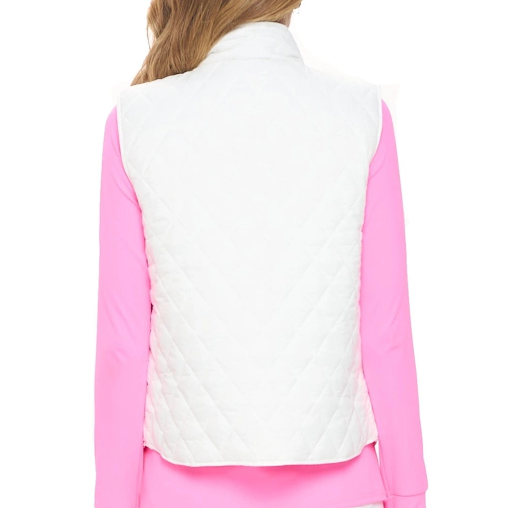 Back view of a woman wearing a white diamond-quilted vest over a long-sleeve pink top.