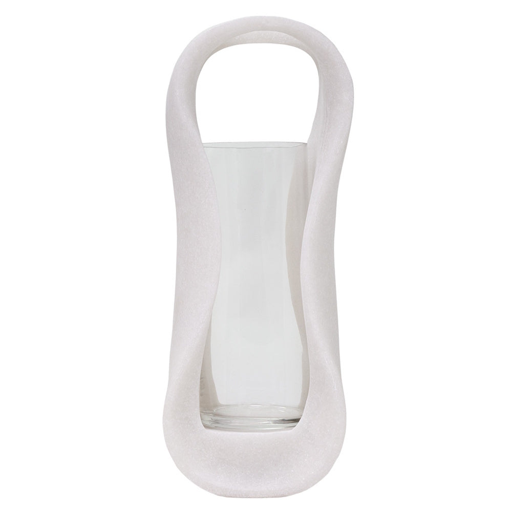 White marble Lestro hurricane candle holder with a clear glass cylinder insert on a plain white background.
