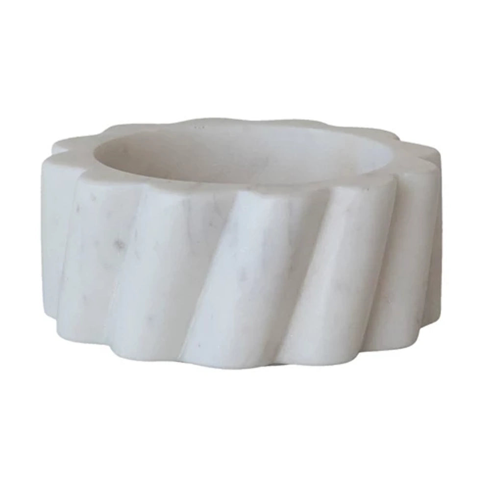 White marble bottle holder with a scalloped, twisted carved design and a smooth matte finish on a white background.