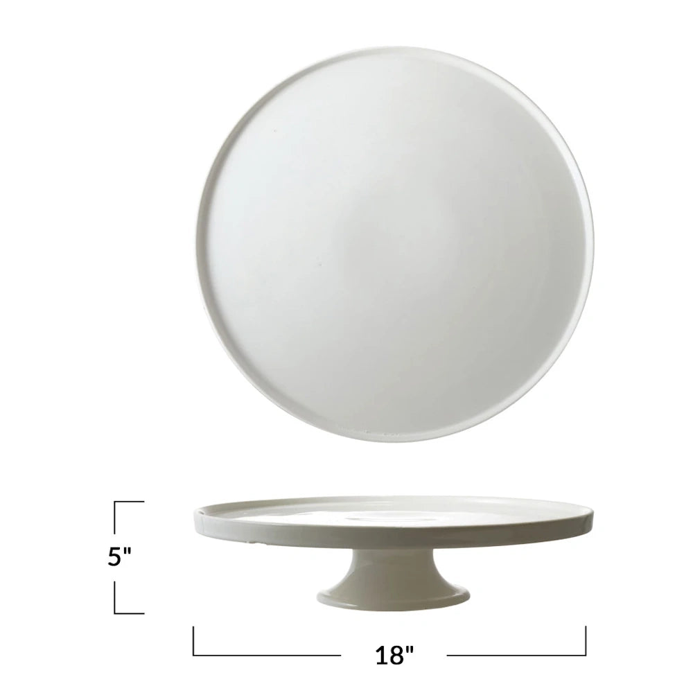 This minimalist white ceramic cake stand, 18 inches in diameter and 5 inches tall, is shown in top and profile views.