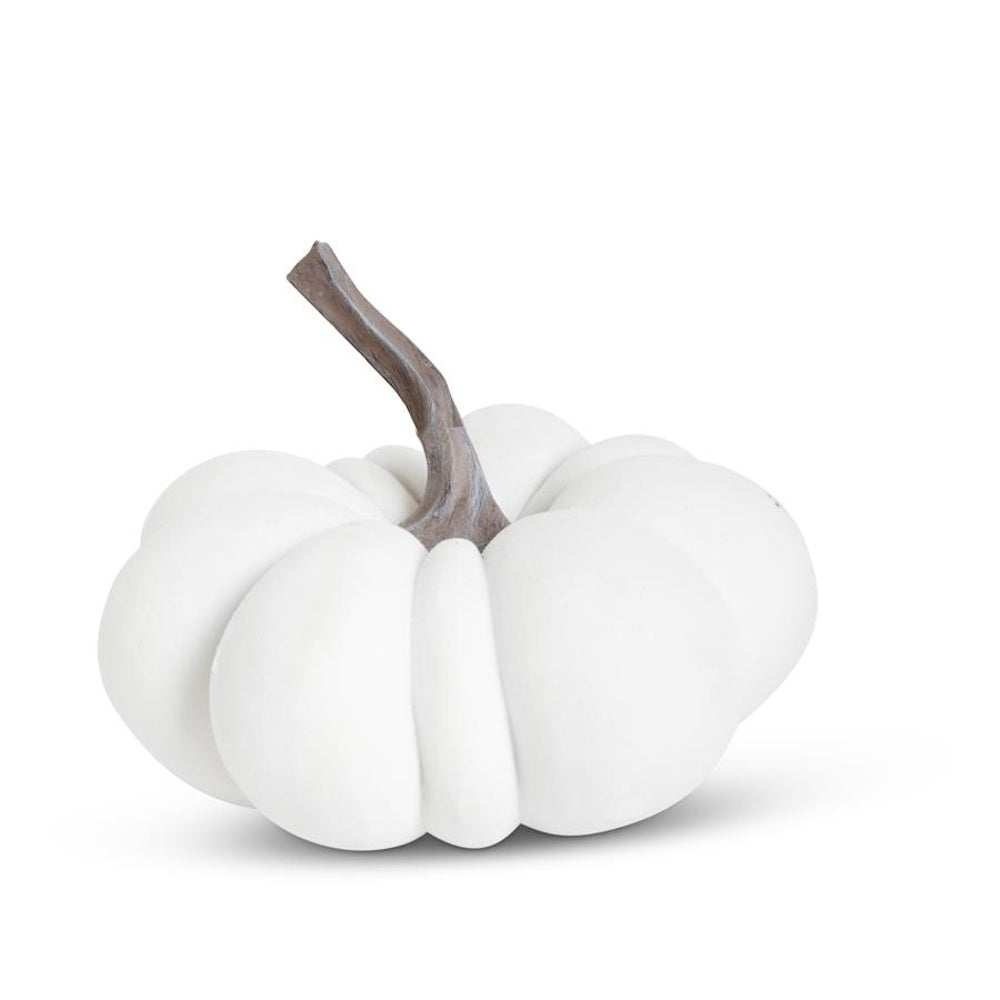 A white decorative pumpkin with smooth ridges and a tall, rustic brown stem against a plain background.