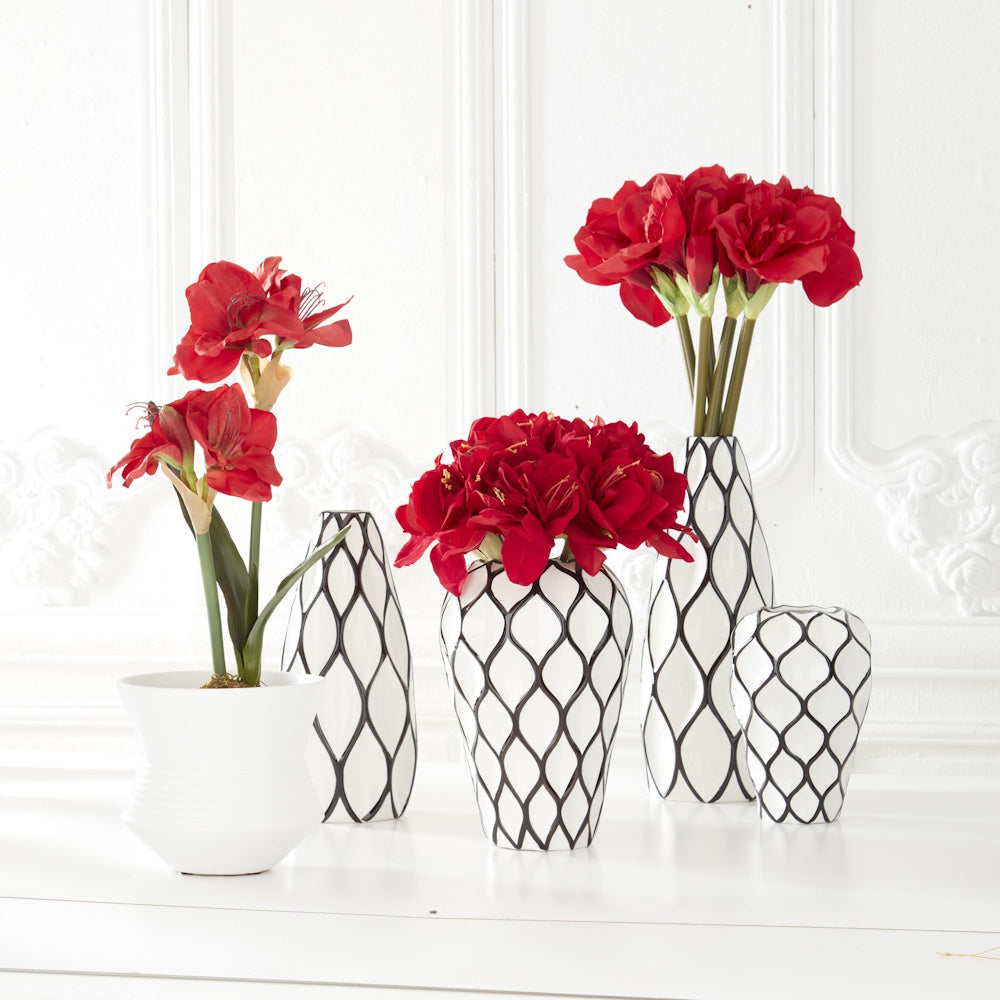 Small White with Black Diamond Pattern Ceramic Vase — alternate view 3