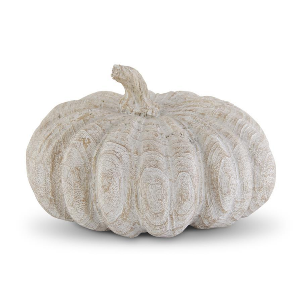 Decorative whitewashed faux-wood carved pumpkin with detailed grain texture and rustic stem.