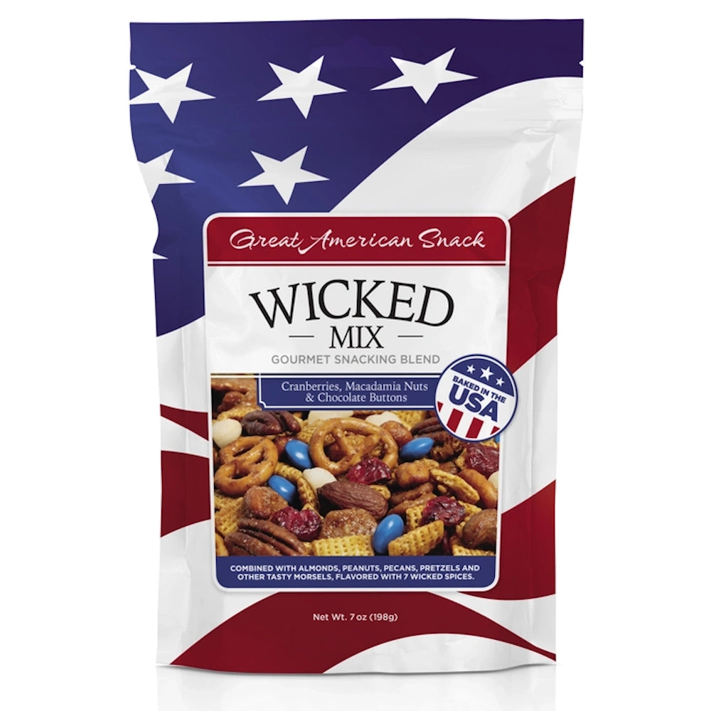An American flag-themed bag of "Wicked Mix" gourmet snack blend featuring pretzels, nuts, and chocolate buttons.