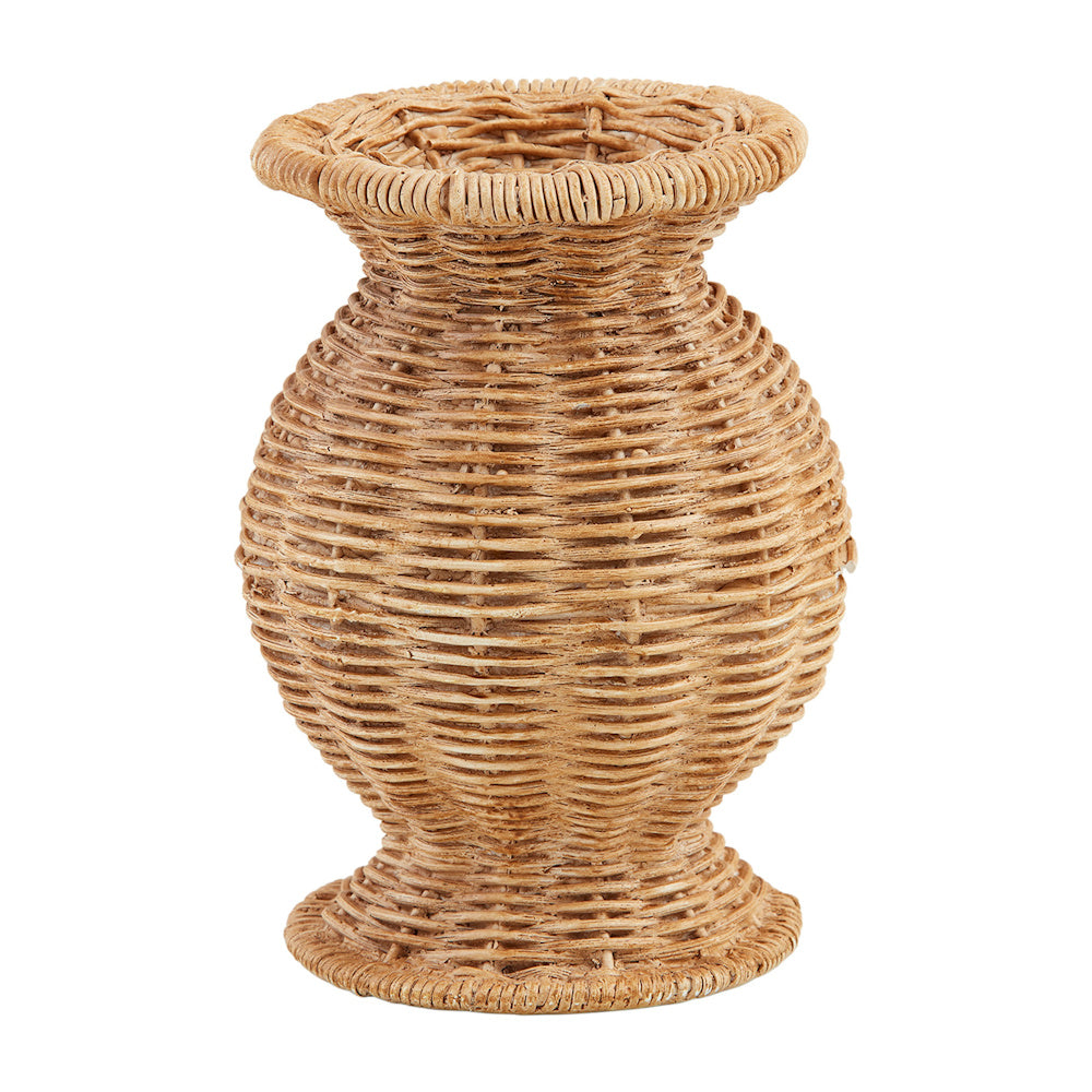 Woven tan resin basket weave vase with a tapered neck and flared rim on a white background.