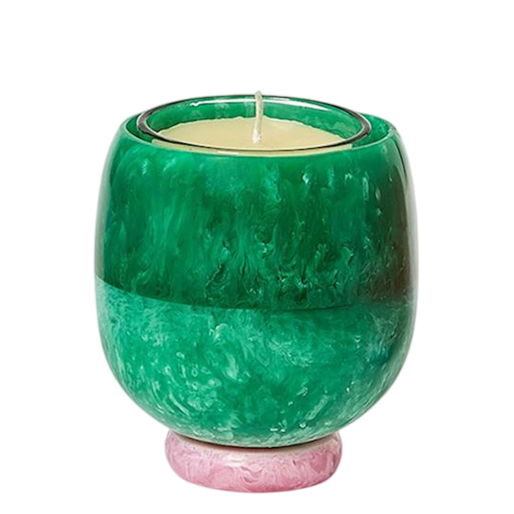 Green marbled swirl pedestal candle cup with a pink base and a scented candle insert.