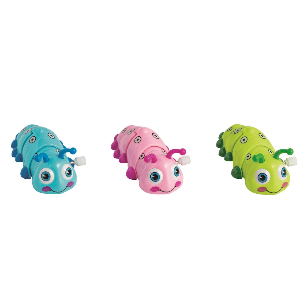 Three wind-up caterpillar crawler toys in blue, pink, and green colors on a white background.
